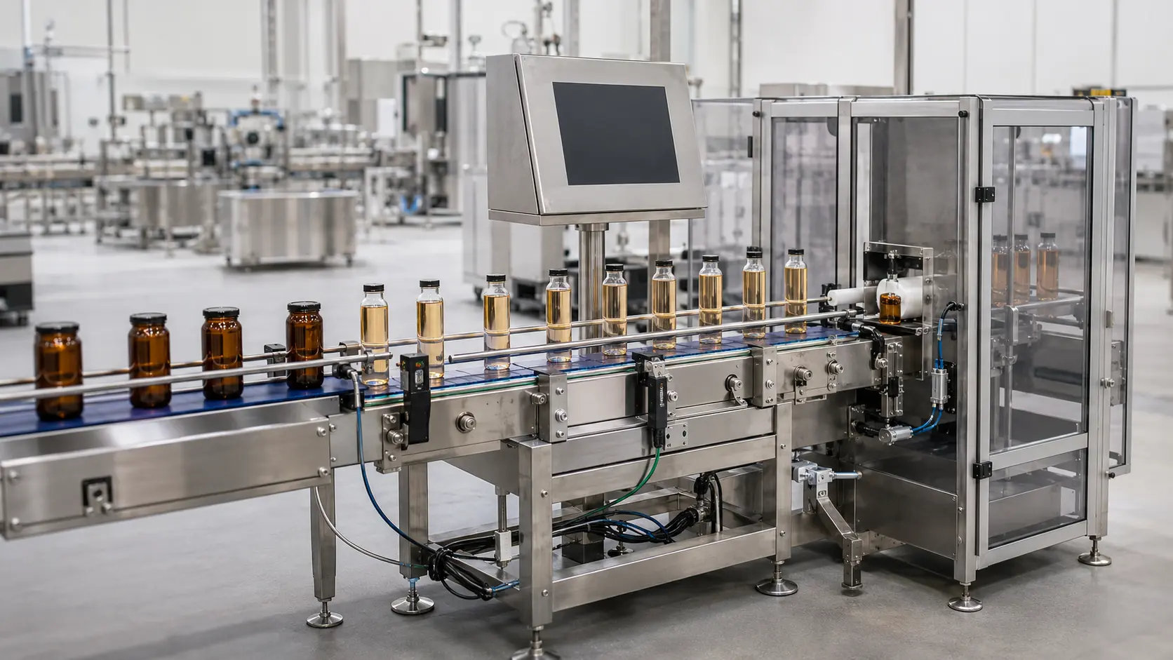 Filled bottles travelling through an automatic checkweigher on a packaging line