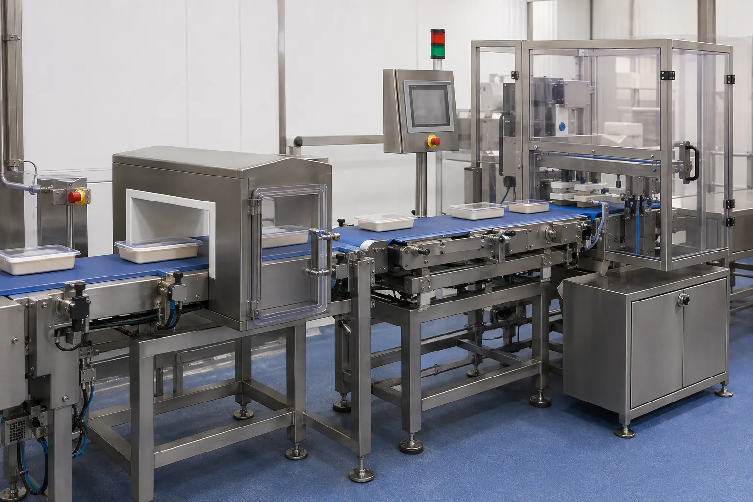 Combination metal detector and dynamic checkweigher installed on a packaged-food line