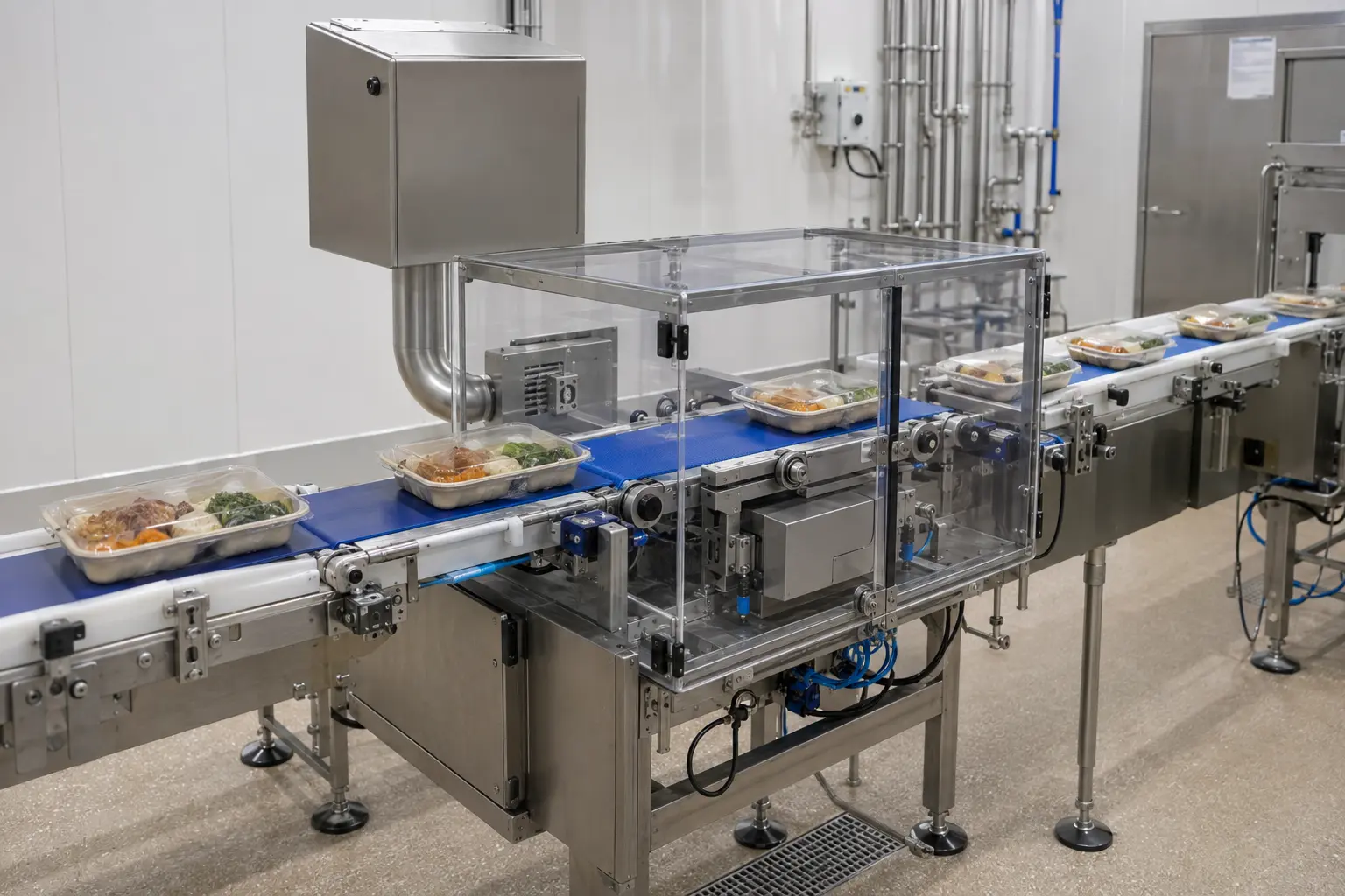 Hygienic food checkweigher weighing sealed ready-meal trays on a production line