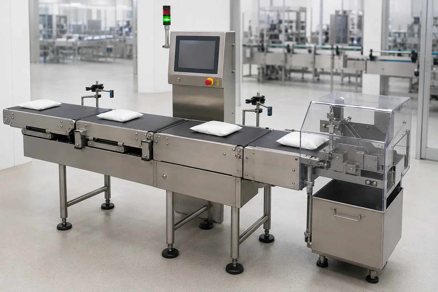 Sealed pouches moving through a compact dynamic checkweigher on a production line